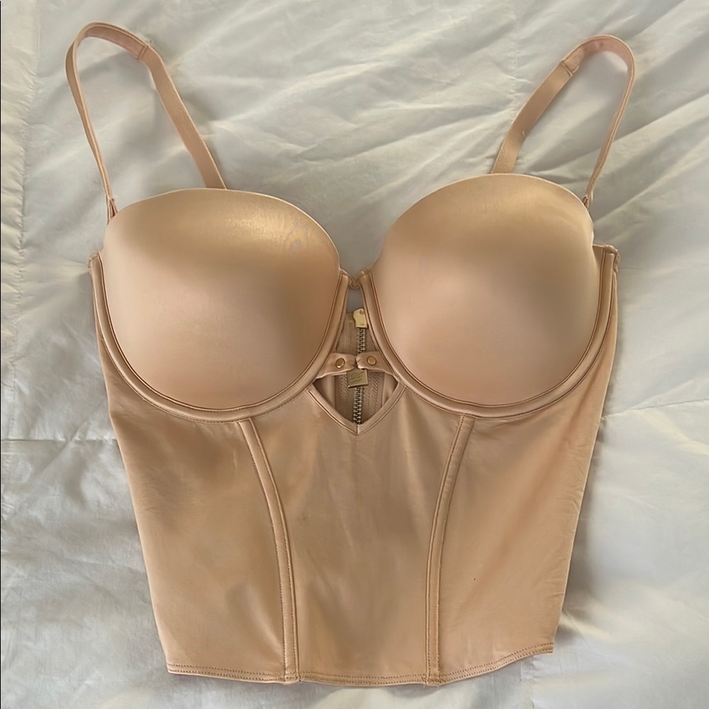 Tan Satin Bustier with Underwire, Adjustable and Removable Straps, Gold Hardware